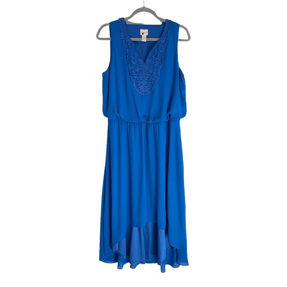 Chicos Blue Sleeveless High-Low Dress Crochet Neckline Size 1 Elegant Design - Picture 3 of 10